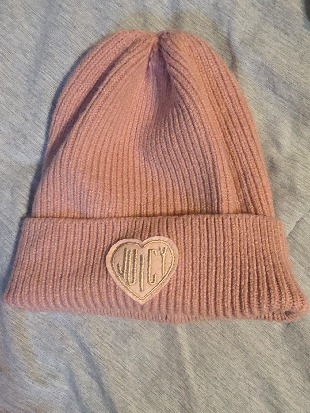 Juicy Couture Blush Pink Ribbed Heart Patch Beanie